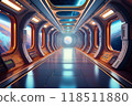 Illustration of a space station corridor with a view of outer space 118511880