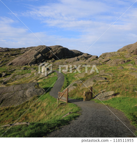 Timber gate, farmland an rock formations, Rogaland, Norway. 118511955