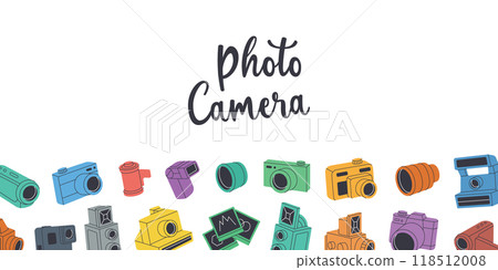Photo studio set banner. Professional photo equipment. Video and action cam, instant camera, film strips, photo frames, external flash. 118512008