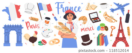 France set. Hand drawn elements for vacation card or print postcard. French national travel symbols. Vector illustration. France set. Hand drawn elements for vacation card or print postcard. French national travel symbols. Vector illustration. 118512014