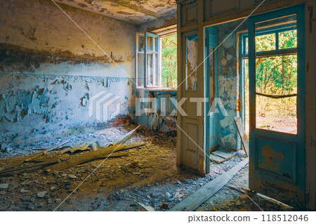 Dilapidated passage in school of Pripyat. Chernobyl Disaster 118512046