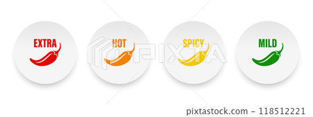 Realistic Vector Round Stickers with Spicy Chili Pepper Icon, Food Spicy Level. Red, Orange, Yellow, Green Jalapeno Pepper Strength Scale Sticker Indicators with Mild, Spicy, Hot and Extra Positions Realistic Vector Round Stickers with Spicy Chili Pepper Icon, Food Spicy Level. Red, Orange, Yellow, Green Jalapeno Pepper Strength Scale Sticker Indicators with Mild, Spicy, Hot and Extra Positions 118512221