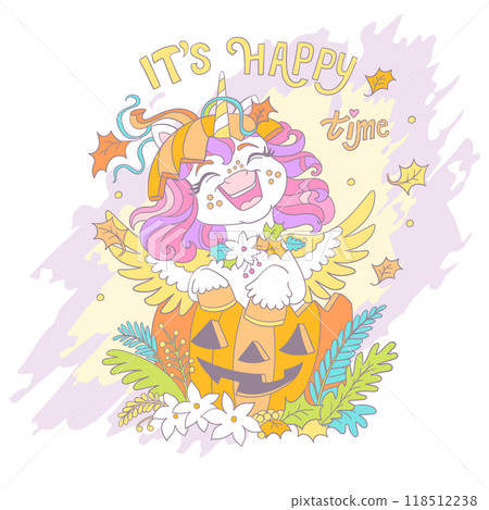 Happy Halloween unicorn and lettering card vector illustration Happy Halloween unicorn and lettering card vector illustration 118512238