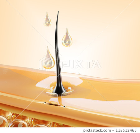 3d hair care render macro background. Scalp skin epidermis layer with collagen cell, follicles and gold oil drops. Nourish and treatment liquid cosmetic serum, essence or shampoo. 3D illustration 118512463