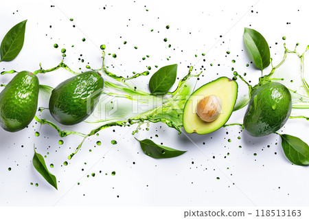 Avocado sliced and leaf with splashes isolated on white background. 118513163