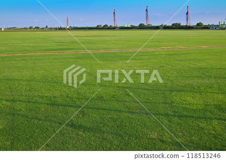 Arakawa No. 2 Adjustment Pond under construction. View from Omiya Health Insurance Ground. Summer scenery. 118513246