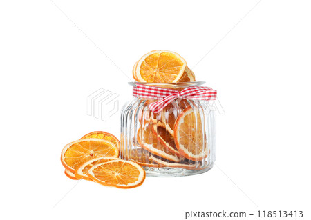 PNG, Dried orange slices in glass jar, isolated on white background 118513413