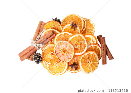 PNG, Dried orange slices and cinnamon sticks, isolated on white background, top view PNG, Dried orange slices and cinnamon sticks, isolated on white background, top view 118513416