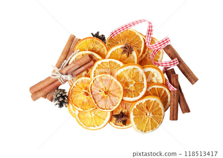 PNG, Dried orange slices and cinnamon sticks, isolated on white background, top view 118513417