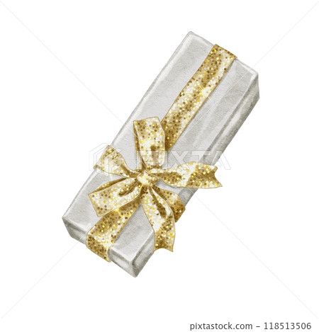 White gift box with sparkling gold bow watercolor illustration White gift box with sparkling gold bow watercolor illustration 118513506