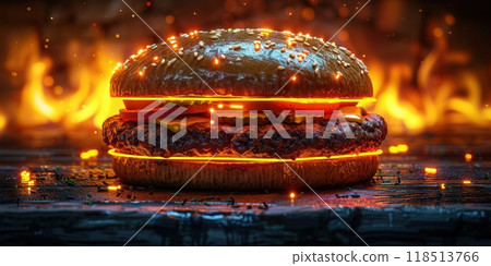 Glowing Burger with Fiery Background 118513766