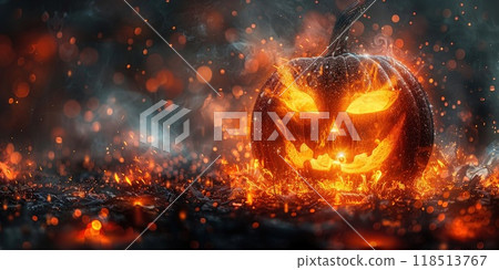 Fiery Jack-O'-Lantern with Glowing Eyes 118513767