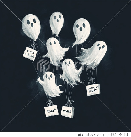 Cute floating ghosts holding air balloon with trick or treat. 118514013
