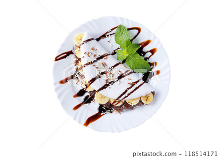 homemade tapioca or beiju stuffed with banana and chocolate on white plate isolated on white background 118514171