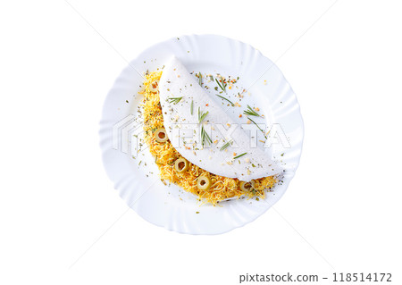 homemade tapioca or beiju stuffed with boiled chicken and olives isolated on white background homemade tapioca or beiju stuffed with boiled chicken and olives isolated on white background 118514172