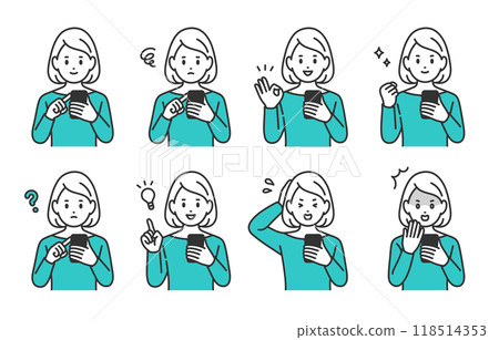 A set of young women with various expressions and poses while looking at their smartphones [People vector illustration material] 118514353