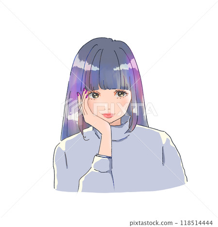 A rough-style illustration of a woman resting her chin on her hand A rough-style illustration of a woman resting her chin on her hand 118514444