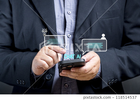 man uses smartphone to interact with AI to find answers to what he wants to know. Artificial intelligence robot assistant service chat support. Innovation application conversation online. 118514537