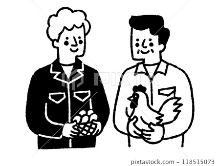 一個穿著工作服的男人拿著雞蛋和雞_2 118515073