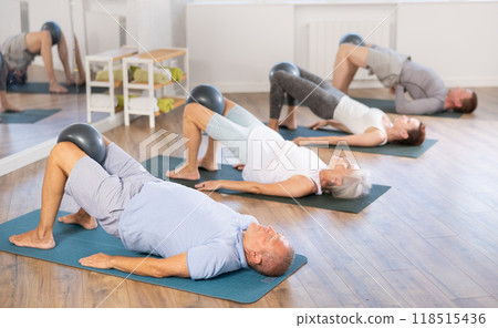 Group of mature women and men practicing pilates with soft ball in fitness studio 118515436