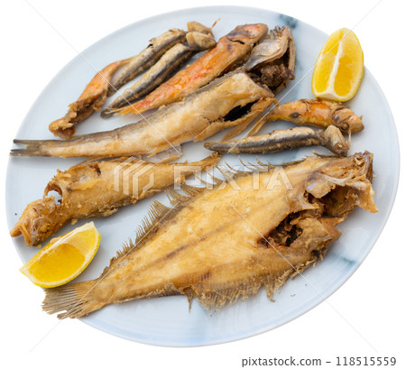 Fried fish with lemon - flounder, sardines and other sea fish Fried fish with lemon - flounder, sardines and other sea fish 118515559