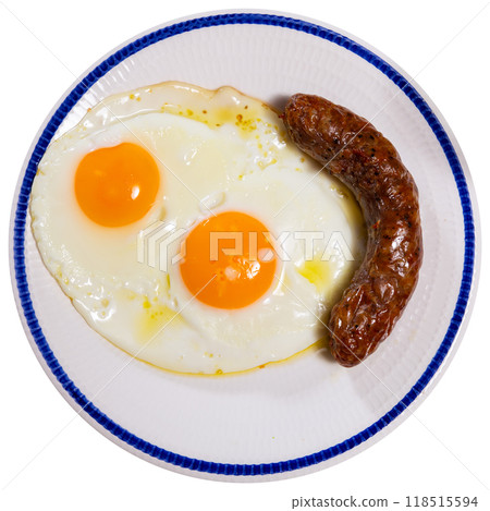 Homemade hearty breakfast - fried eggs with frankfurter sausages butifarra 118515594