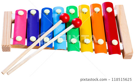 Kids xylophone with rainbow metal bars and wooden mallets 118515625