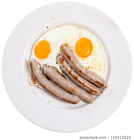 Homemade hearty breakfast - fried eggs with frankfurter sausages butifarra Homemade hearty breakfast - fried eggs with frankfurter sausages butifarra 118515628
