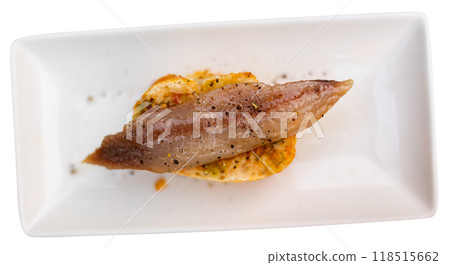 Sandwich with smoked fish sardine are laid out on large platter Sandwich with smoked fish sardine are laid out on large platter 118515662