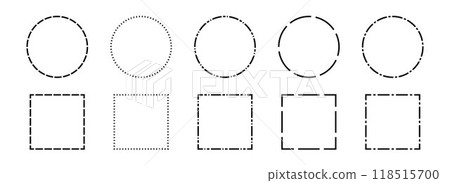 Black dashed frame set. Dashed outline circle and square border collection. Geometric dotted rectangular and round shape pack. Outline cut out element design bundle for poster, banner, flyer. Vector Black dashed frame set. Dashed outline circle and square border collection. Geometric dotted rectangular and round shape pack. Outline cut out element design bundle for poster, banner, flyer. Vector 118515700