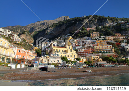 Southern Europe, Italy, Campania, Salerno Province, World Heritage Site, Amalfi Coast, Positano cityscape and symbolic church 118515819