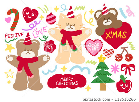 Cute Christmas and New Year illustrations of teddy bear, cat, red scarf, party hat, heart, red ribbon, Christmas tree, candy cane, ornaments, light, party hat, good vibe letters, festive font, star 118516260
