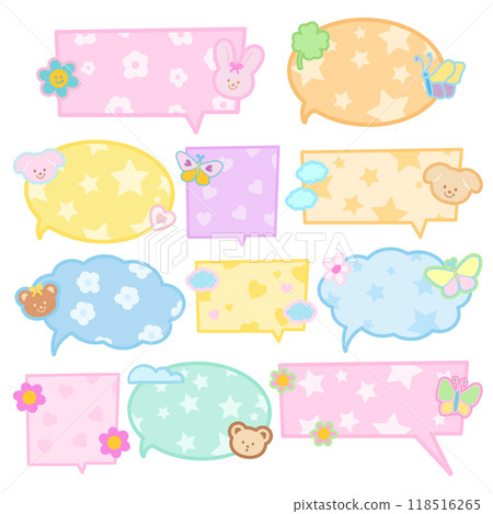Cute vector illustration of text bubbles with bunny, butterfly, puppy, teddy bear, flowers for text, message, communication, speech, chat, dialogue, cartoon, comic, animal print, masking tape, sticker 118516265