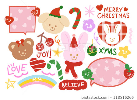 Cute Christmas and New Year illustrations of teddy bear, puppy, pink bunny, candy cane, red scarf, party hat, heart, clover leaf, rainbow, ornament, text bubbles, cherry, MERRY CHRISTMAS letters, star 118516266