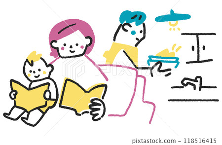 家庭主婦讀書,丈夫和孩子一起做家事 庫存插圖素材 家庭主婦讀書,丈夫和孩子一起做家事 庫存插圖素材 118516415