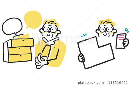 一組思考提取知識的老年人和分開明信片以供應用的老年人的庫存插圖。 一組思考提取知識的老年人和分開明信片以供應用的老年人的庫存插圖。 118516421