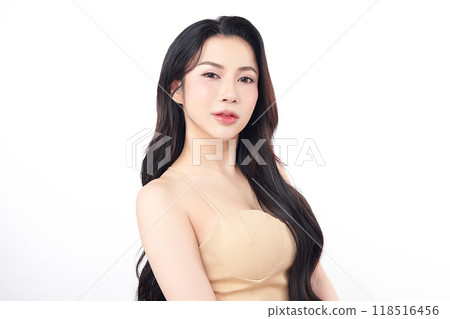 Beautiful young asian woman with clean fresh skin on white background, Face care, Facial treatment, Cosmetology, beauty and spa, Asian women portrait. Beautiful young asian woman with clean fresh skin on white background, Face care, Facial treatment, Cosmetology, beauty and spa, Asian women portrait. 118516456