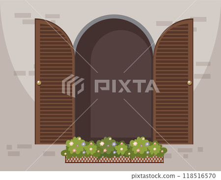 Open Shutters with Flower Box Open Shutters with Flower Box 118516570