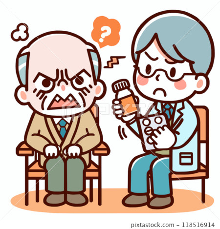 Illustration of an elderly person with dementia refusing to visit a hospital, accept prescriptions for medicine, or take medication Illustration of an elderly person with dementia refusing to visit a hospital, accept prescriptions for medicine, or take medication 118516914