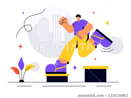 Parkour Sports Vector Illustration featuring Young Men Leaping Over Walls and Barriers in an Urban Cityscape with Buildings and Street in a Background 118516962