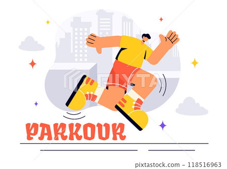 Parkour Sports Vector Illustration featuring Young Men Leaping Over Walls and Barriers in an Urban Cityscape with Buildings and Street in a Background 118516963