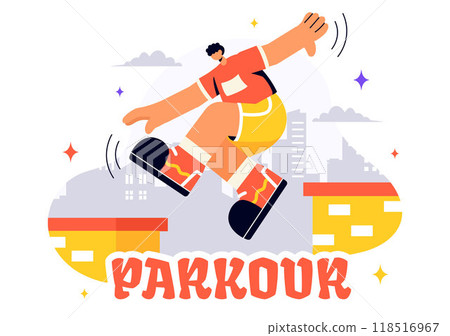 Parkour Sports Vector Illustration featuring Young Men Leaping Over Walls and Barriers in an Urban Cityscape with Buildings and Street in a Background Parkour Sports Vector Illustration featuring Young Men Leaping Over Walls and Barriers in an Urban Cityscape with Buildings and Street in a Background 118516967