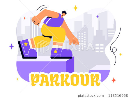 Parkour Sports Vector Illustration featuring Young Men Leaping Over Walls and Barriers in an Urban Cityscape with Buildings and Street in a Background Parkour Sports Vector Illustration featuring Young Men Leaping Over Walls and Barriers in an Urban Cityscape with Buildings and Street in a Background 118516968