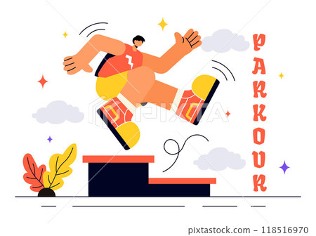 Parkour Sports Vector Illustration featuring Young Men Leaping Over Walls and Barriers in an Urban Cityscape with Buildings and Street in a Background 118516970