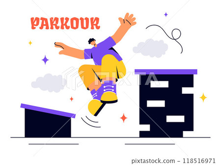 Parkour Sports Vector Illustration featuring Young Men Leaping Over Walls and Barriers in an Urban Cityscape with Buildings and Street in a Background Parkour Sports Vector Illustration featuring Young Men Leaping Over Walls and Barriers in an Urban Cityscape with Buildings and Street in a Background 118516971