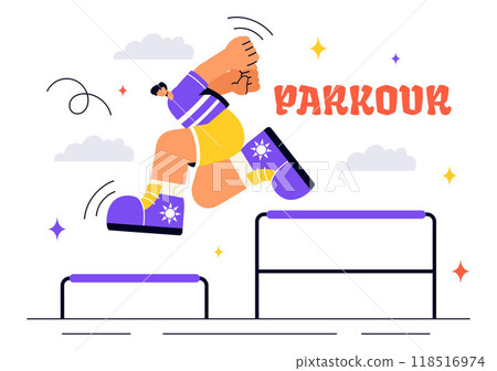 Parkour Sports Vector Illustration featuring Young Men Leaping Over Walls and Barriers in an Urban Cityscape with Buildings and Street in a Background Parkour Sports Vector Illustration featuring Young Men Leaping Over Walls and Barriers in an Urban Cityscape with Buildings and Street in a Background 118516974