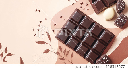 Chocolate bars resting on a pink surface with chocolate chips 118517677