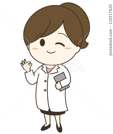 A cute illustration of a woman wearing a white coat saying "OK" A cute illustration of a woman wearing a white coat saying "OK" 118517820