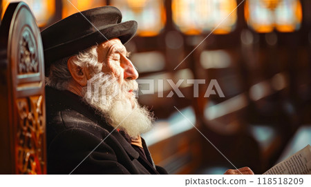 Elderly man reading in sunlit serene interior of historic synagogue. Concept of Jewish New Year holiday Rosh Hashanah Elderly man reading in sunlit serene interior of historic synagogue. Concept of Jewish New Year holiday Rosh Hashanah 118518209