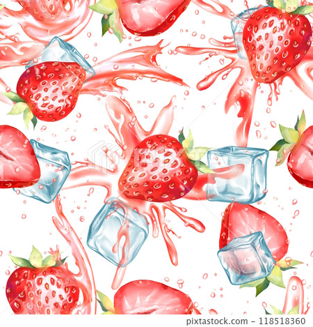 Seamless pattern with strawberry and juice splashes. Hand drawn vibrant background. Design for wrapping paper, cards, textile and etc. Seamless pattern with strawberry and juice splashes. Hand drawn vibrant background. Design for wrapping paper, cards, textile and etc. 118518360